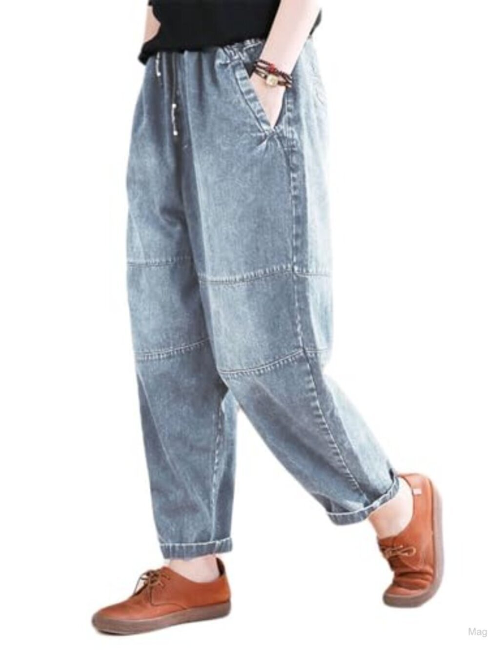 Women's Baggy Harem Jeans Elastic Waist Cotton Denim Pants